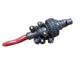 Georgian silver gilt babies rattle with eleven suspended bells and a coral teether (makers mark MC)