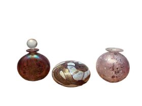 Three pieces of Isle of Wight glass to include a scent bottle, a vase and a paperweight