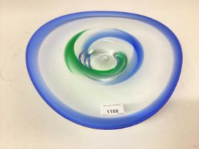 Caithness Freestyle limited edition art glass shaped dish, with blue and green swirls, signed J. Lew