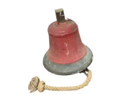 Large red painted fire bell with clapper, 27cm in height.