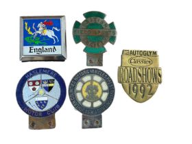 Group of five car badges to include Southern Counties, England, British Field Sports Society, Auto G