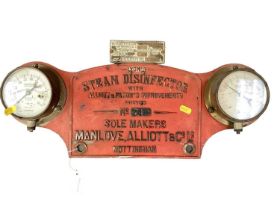 Rare late 19th century 'Lyon's Steam Disinfector' name plate / sign, with two pressure gauges, 55cm