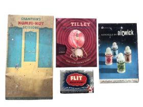 Four vintage signs including Tilley heater, aerosols by Airwick, Kumfi-Kut scissors and Flit kills f
