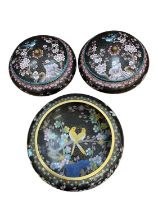 Large pair of Japanese cloisonne squat pots and covers, 28cm diameter, together with a similar bowl,