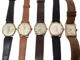 Five 9ct gold cased vintage wristwatches on leather straps including Accurist, Record, Rotary Super-