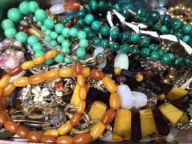 Vintage amber bead necklace, malachite, green hard stone and various other vintage bead necklaces, w