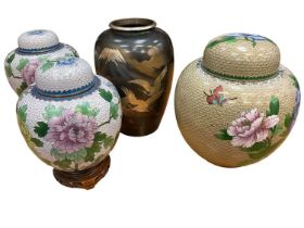 Japanese bronze and mixed metal vase and three cloisonne jars and covers