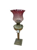 Victorian brass column oil lamp with etched cranberry glass shade