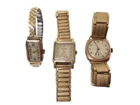 Three 9ct gold cased vintage wristwatches on gold plated bracelets