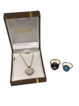 Two 9ct gold gem set rings and 9ct gold paste set heart pendant on 9ct gold chain