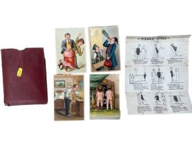 Four unusual saucy novelty mechanical postcards plus canvas backed cartoon