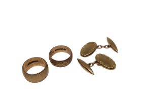 Pair of 9ct gold cufflinks and two 9ct gold wedding rings