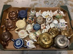 Collection of miniature teapots including Spode and Coalport, together with three larger Doulton sto