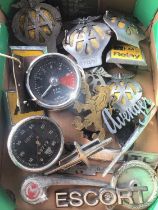 Group of vintage AA car badges, other badges and gauges