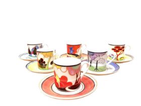 Set of six limited edition Cafe Chic Wedgwood Clarice Cliff coffee cans and saucers - May Avenue, Re