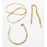 A 375 (9ct.) gold flat-link neck chain - sold with a 9ct. three colour bracelet and a 9ct. rope-