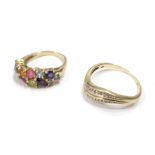 Two 375 (9ct.) gold rings, one set with multi-coloured stones - boxed, the other diamond chips -