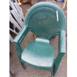 Two green plastic garden chairs - sold with a black folding chair