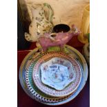 A selection of assorted ceramic items including Dillwyn Swansea purple lustre decorated ribbon