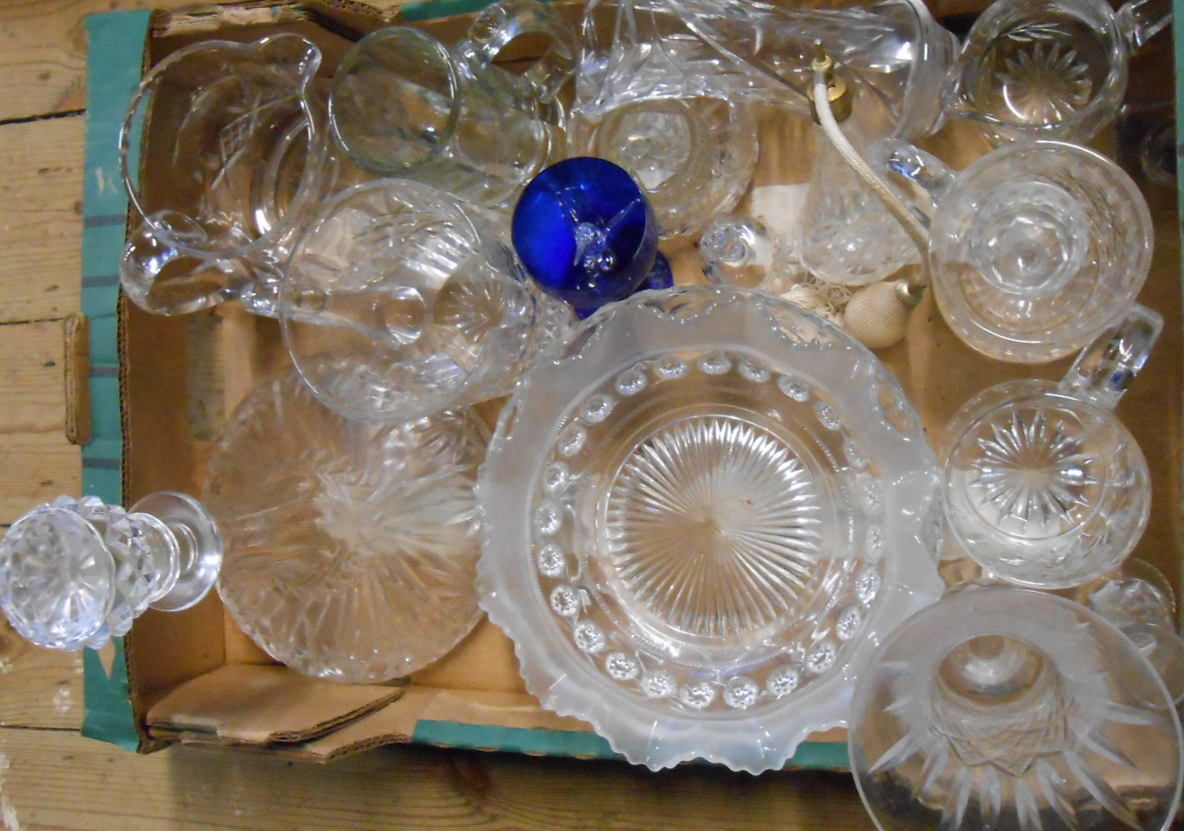 A box containing a quantity of assorted cut and other glassware including jugs, decanter, etc.