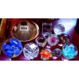 A quantity of glass paperweights - sold with a large crystal 'diamond' on stand