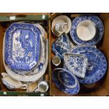 Two boxes containing a quantity of blue and white transfer printed china including Cauldon, Enoch