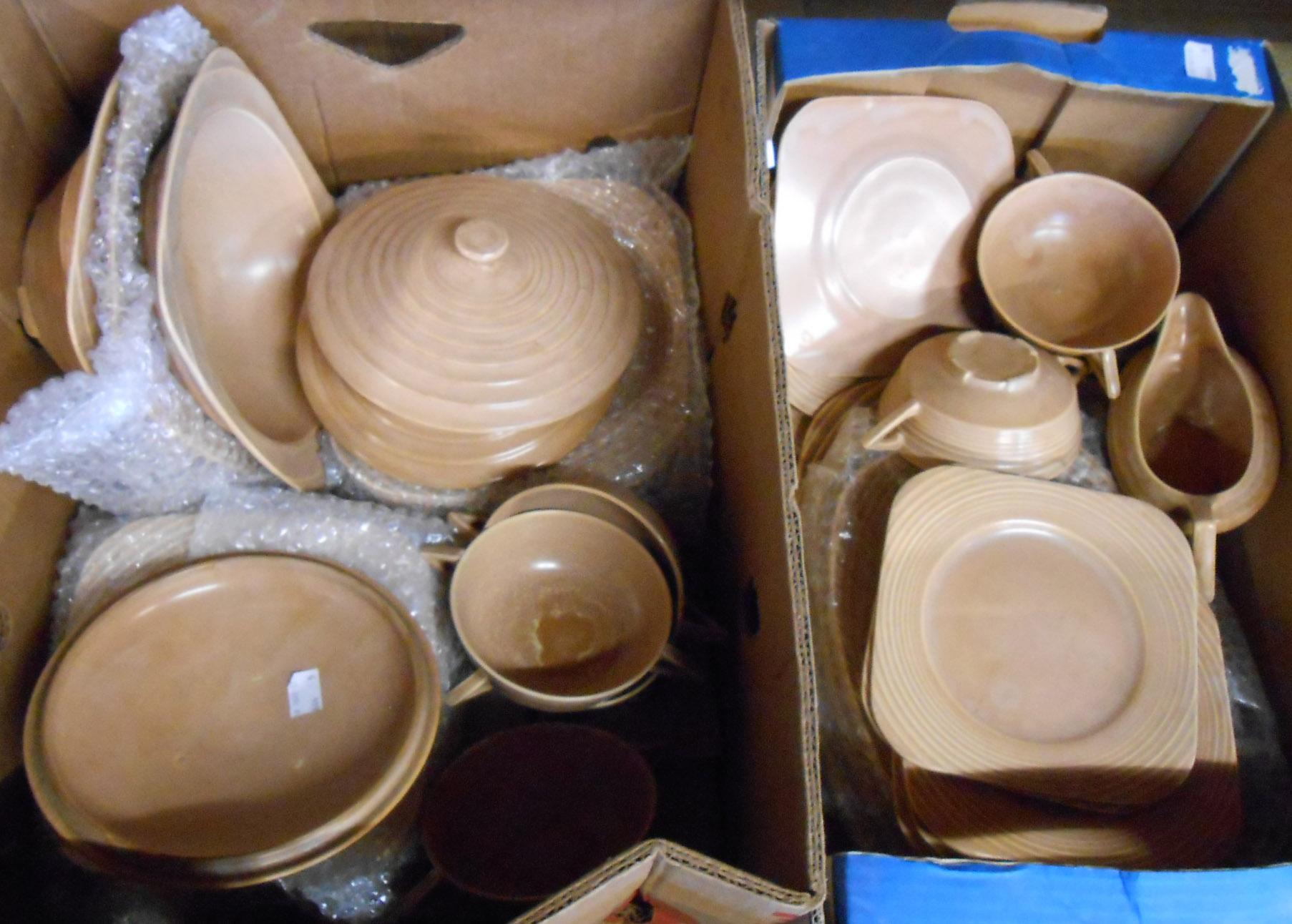 Two boxes containing a quantity of Art Deco Shorter & Son dinner ware including tureens, two handled