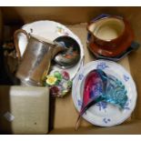 A box containing a quantity of assorted ceramic and glass items including Murano shell form vase,