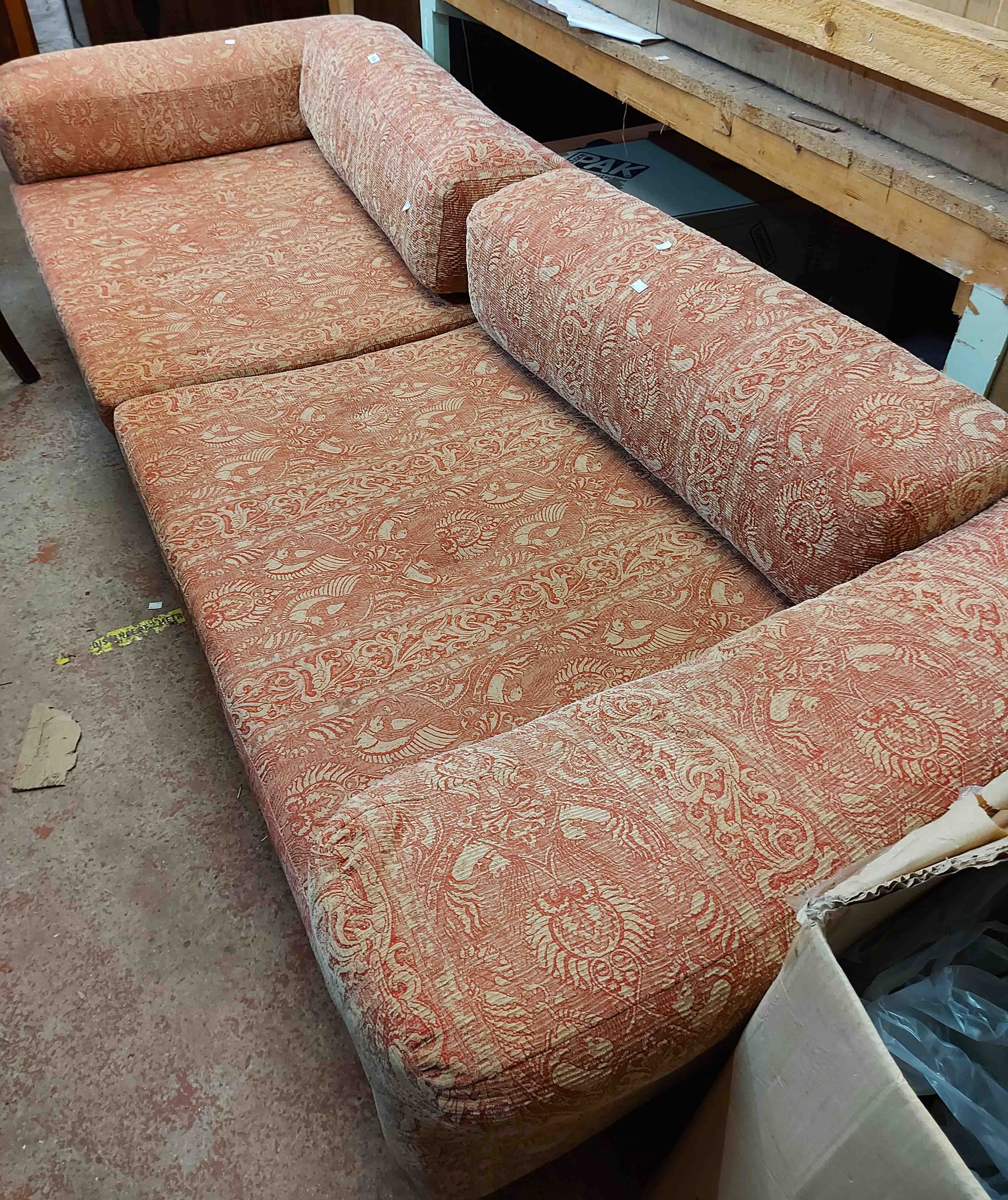 A 2.65m 1970's three seater settee with low back and classical machine tapestry upholstery