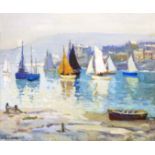 Leonard Richmond: a gilt framed oil on canvas, depicting sailing vessels off St. Ives, Cornwall -