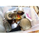 A crate containing a quantity of assorted silver plated and other items including part canteen,