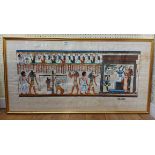 A gilt framed reproduction panoramic papyrus painting, depicting various Egyptian deities and