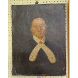 An unframed stretchered oil on canvas portrait of a 19th Century woman with lace collar