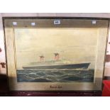A vintage French Line framed and hessian slipped wardroom/travel agent print depicting an ocean