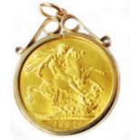 A 1887 gold 'Jubilee head' Sovereign, loose set in a 9ct. gold pendant mount
