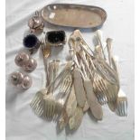 A quantity of Walker & Hall silver plated cutlery, pair of plated pepper mills, condiments, etc.