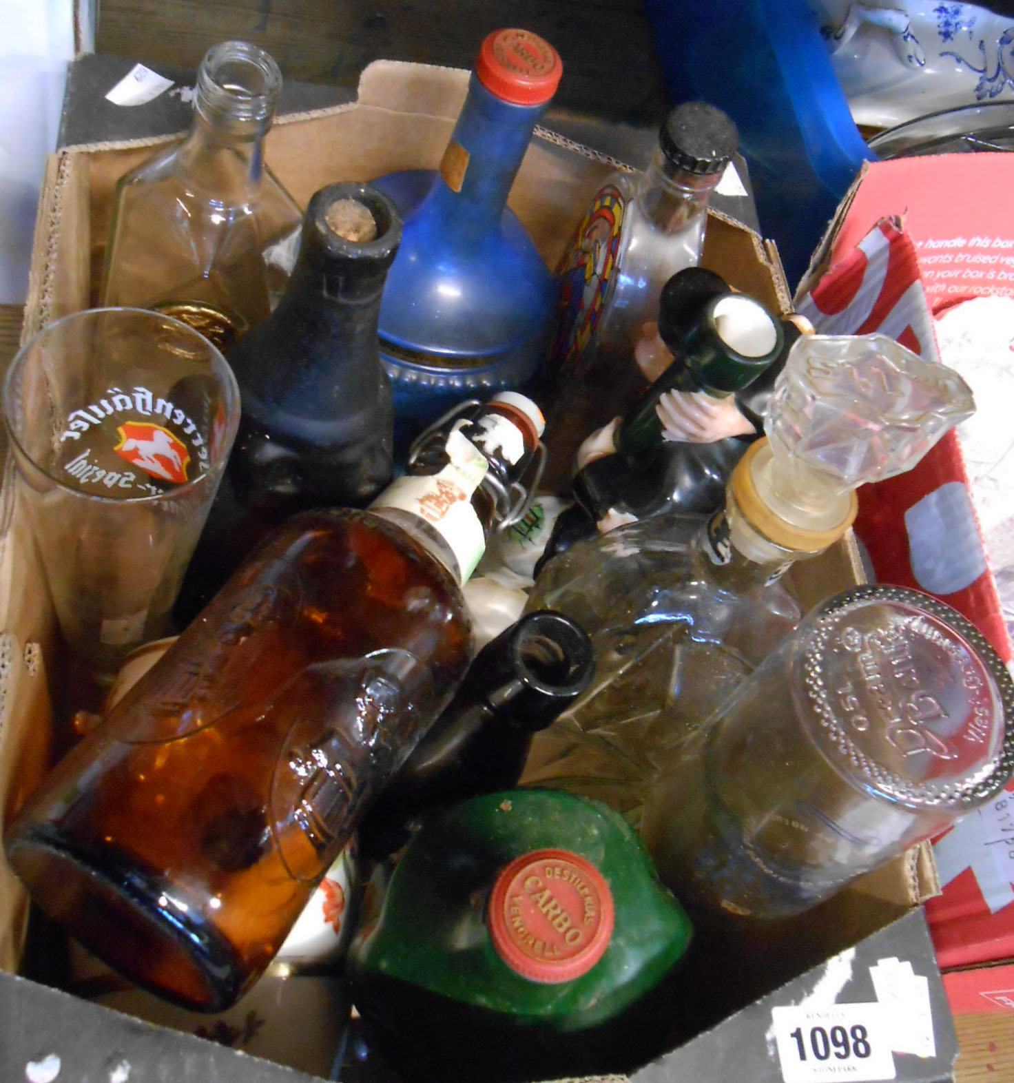 A box containing a quantity of vintage bottles and glasses including Foss & Sons Newton Abbot, etc.