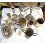 A box containing a quantity of silver plated items including twin branch three light candelabrum,