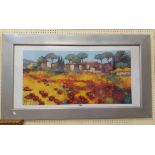 A decorative framed large format coloured print, depicting the Tuscan countryside