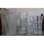 A quantity of large cut and other glass vases of various form