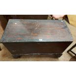 A 93cm antique stained pine lift-top box, set on bracket feet - hinges detached and wear