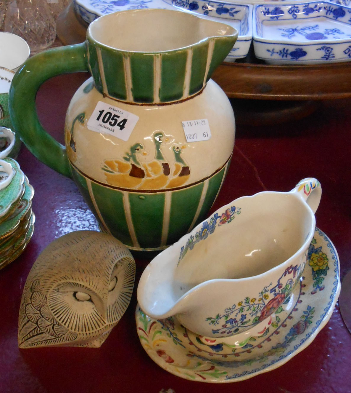 A modern ceramic duck decorated jug and a Masons Strathmore sauce boat and stand - sold with a