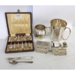 A quantity of silver plated items including tankards, novelty loco and tender and cased spoons, also