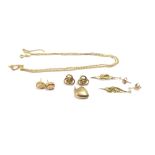 Four pairs of 375 yellow metal earrings, small 375 heart shaped pendant and a 375 (9ct.) gold neck