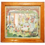 A burr maple framed Chinese Canton stipple print, depicting figures in and around a building, within
