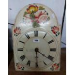 An antique wooden bird cage thirty hour wall clock, the 30cm painted wood arch top dial with painted