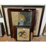 An antique framed large format coloured print, depicting a seated girl - sold with four other