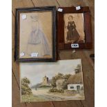 A small 19th Century naive watercolour portrait of a young girl wearing a brown dress - sold with