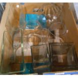 A box containing a quantity of glass vases including square and globe form examples, etc.