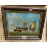 A framed oil on copper maritime painting in the antique style